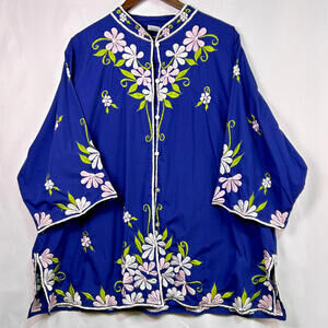 Queen Caro Women 3X Blue Floral Embroidered Button Front Jacket Blouse Plus Size